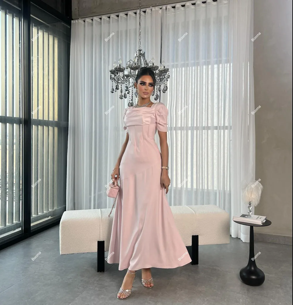 Booma Pink Mermaid Evening Dresses Short Sleeves Formal Party Gowns for Women Ankle Length Saudi Arabic Prom Dresses