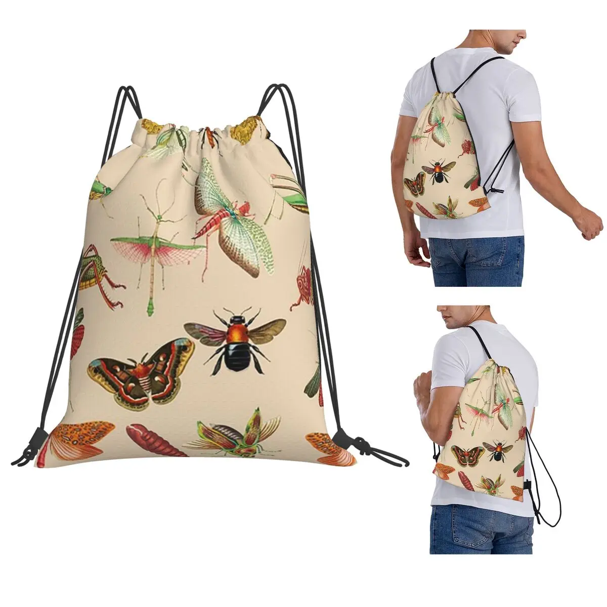 Vintage Bugs And Insects Illustration Backpacks Portable Drawstring Bundle Pocket Sports Bag Book Bags for Man Woman Students
