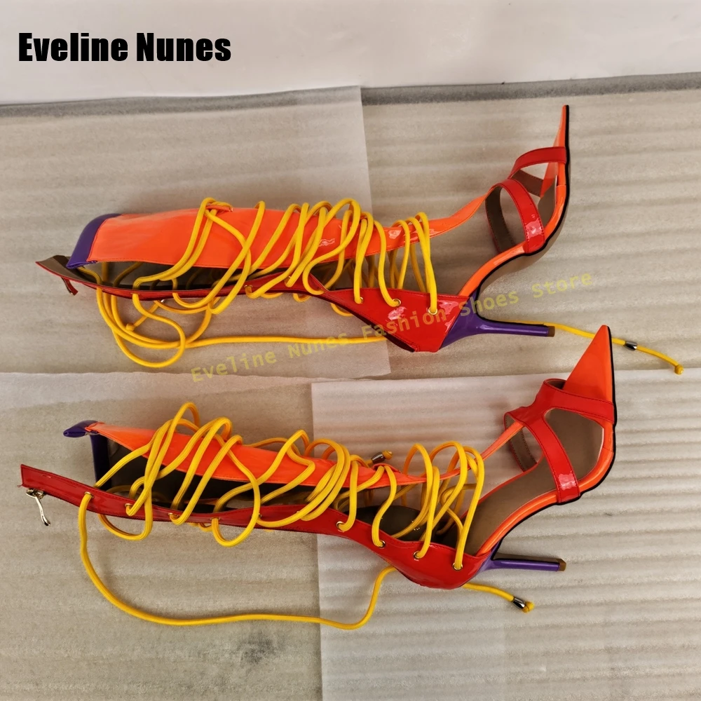 Cross Tied Multi Color Spicy Girl Sandals 2025 Party Pointed Toe Stiletto Cut Out Patchwork Mixed Colors Fashion Mid Calf Boots