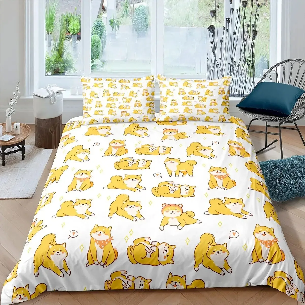 

Shiba Inu Duvet Cover Set Cute Shiba Inu Bedding Set Cute Yellow Dog Cartoon Animal Farmhouse Pet Animals Polyester Quilt Cover