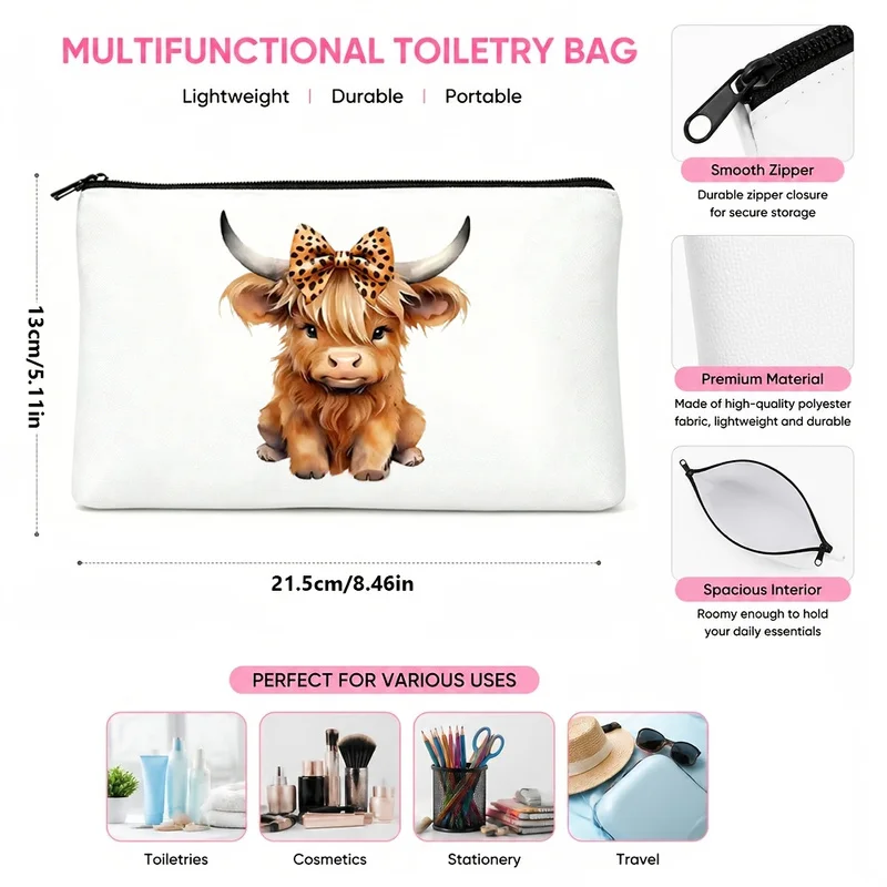 Cute Highland Cow Makeup Bag Printing，Lightweight, odorless polyester zipper bag，Fun Mother's Day Gifts，For mom or nature lovers
