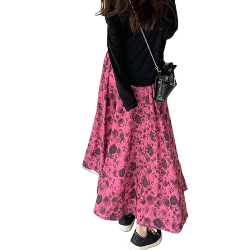 Spring Long Skirts Women Fuschia A-Line Beautiful Flower Print Wavy Edge Maxi dress Vintage Ladies Casual Thin Street Vestidos