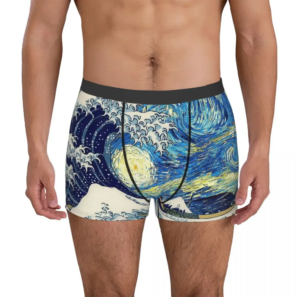 The Great Wave Off Kanagawa With Starry Night Van Gogh Oil Painting Art Underpants Panties Men's Underwear Shorts Boxer Briefs