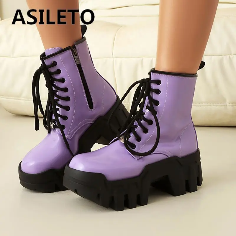 ORCHA LISA 2025 brillant femmes bottines bout rond bloc talons 6.5cm plate-forme 4.5cm fermeture éclair à lacets grande taille 42 43 44 mode Bota