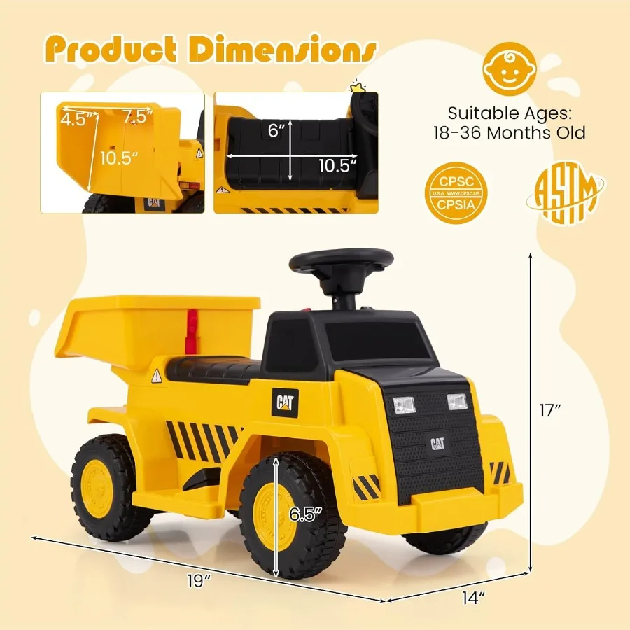 รถดัมพ์ของเล่นเด็ก 6V ลิขสิทธิ์แท้จากแคตเตอร์พิลลาร์ รถก่อสร้างของเล่นเด็ก พร้อมกระบะท้ายปรับระดับได้ แตร และไฟ LED ของขวัญแบตเตอรี่
