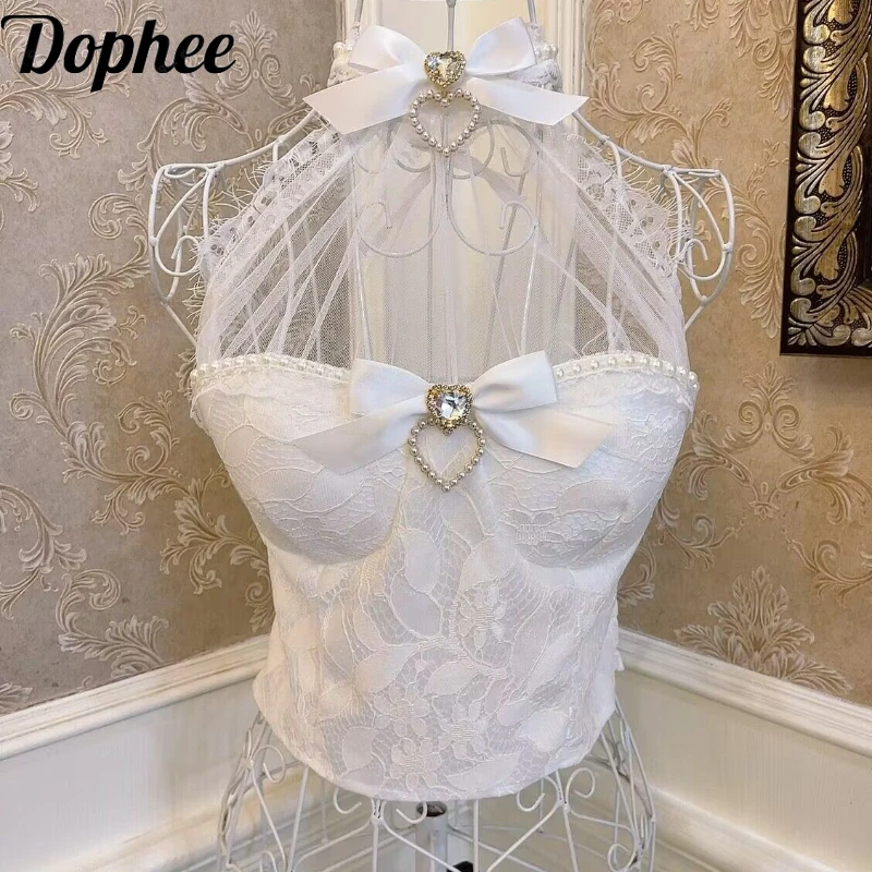 

Dophee Pure Desire Princess Sexy Bow Heart Diamond Pearl Lace Edge Slim Fit Hanging Neck Exposed Navel Tank Top Short Sling