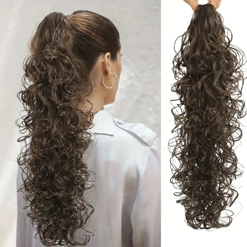 Heat-Resistant Curly Wig with Ponytail Extension | Synthetic, Multi-Color Brown & Blonde Waves, Elastic Wig for Women