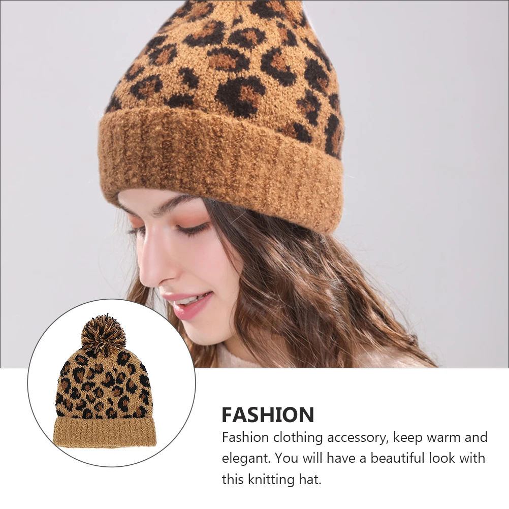 

Cozy Winter Knitted Hat Soft Comfortable Warm Cap Yarn Brown Woolen Leopard Print Fashion Chic Lightweight Wool Material