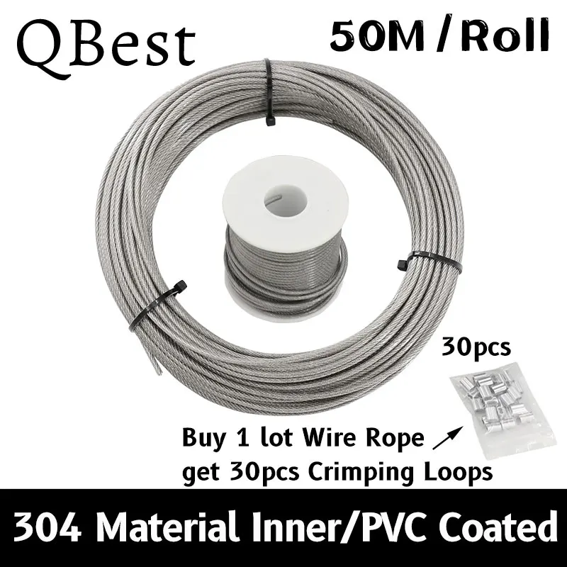 QBest 50M 0.8/1.5/2/2.5/3/4mm 7x7 PVC Coated Flexible steel wire Rope Soft Cable Transparent 304 Stainless Steel Clothesline