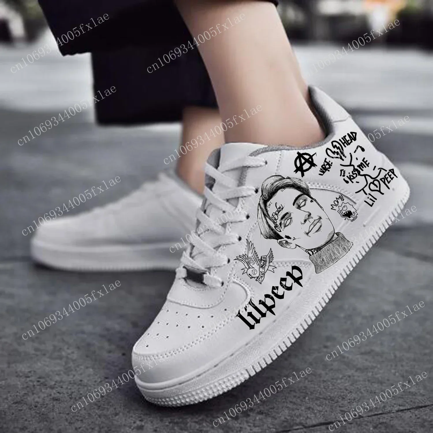 Lil Peep-White Lace-Up Mesh Sneakers para homens e mulheres, calçados esportivos, corrida, força plana, personalizados, de alta qualidade, branco