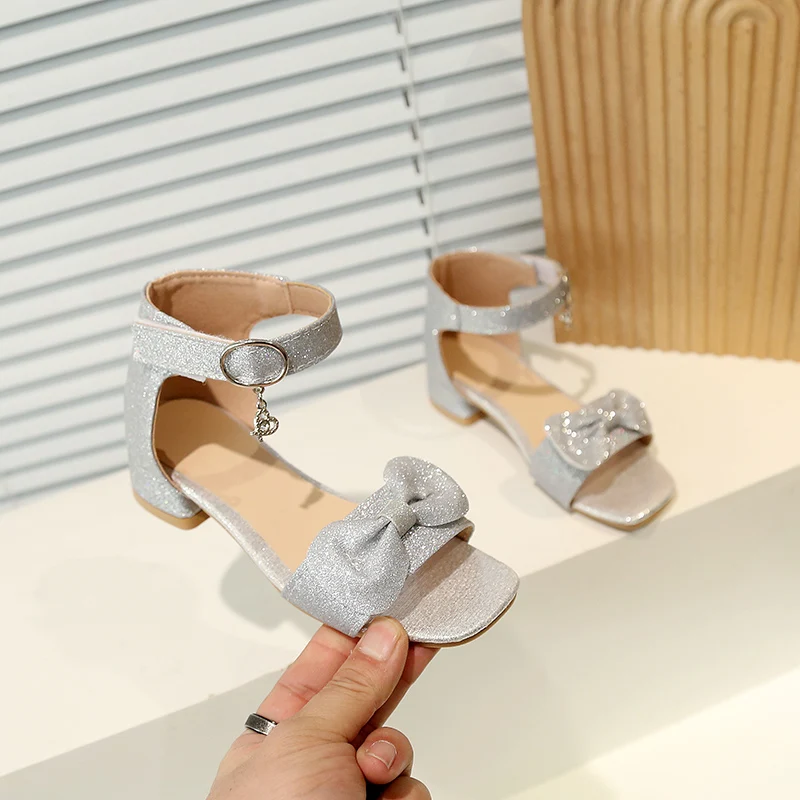 Girls Low Heel Sandals Girls Glitter Low Heel Sandals Sparkly Bow Dress Shoes Fashion Dance Birthday Party Princess Wedding