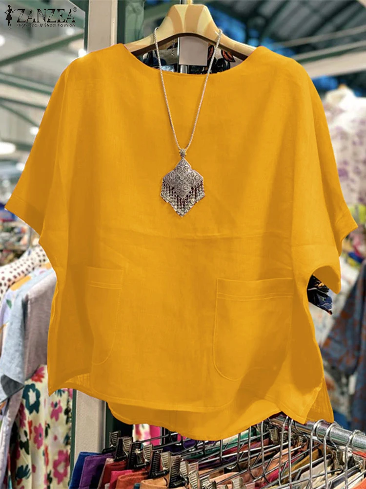 ZANZEA Women Blouse Casual Loose Pockets O Neck Tops 2025 Summer Solid Color Blusas Fashion Pullover Oversized S-5XL Tunic