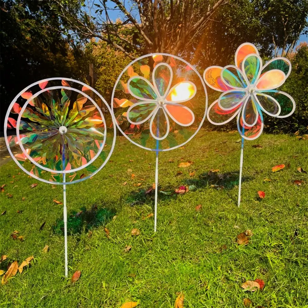 Láseres coloridos multiestilos, película deslumbrante, molino de viento que cambia de Color, estaca brillante de doble capa, molinete de flores para césped de pie, PVC