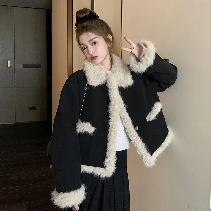 

Small Fragrance Style Down Inner Lining Elegant Jacket Women Winter New Lamb Wool Splicing Design Sense Short Style Coat