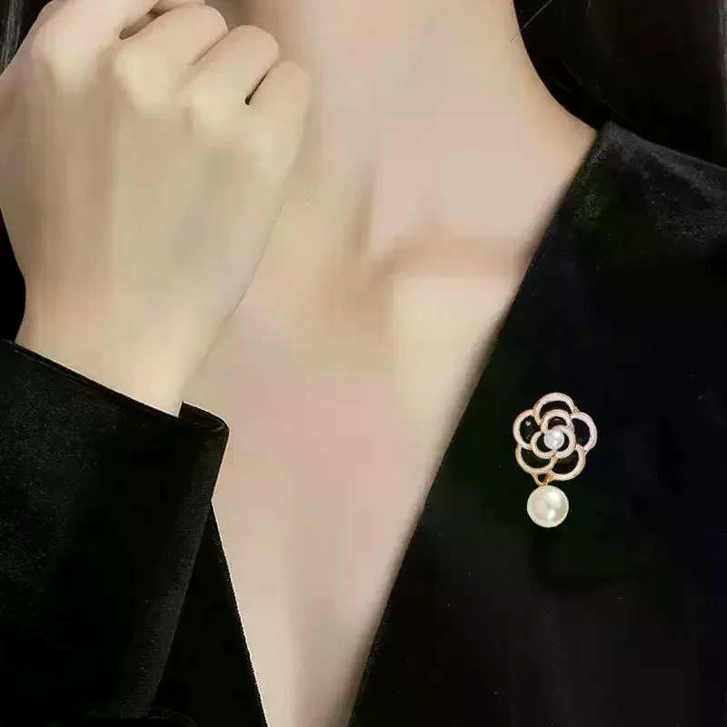 Camellia Pearl Brooch Black Oil-dripping Metal Mourning Corsage Pin High-end French Elegant Bag Cloth Scarf Accessories Brooch