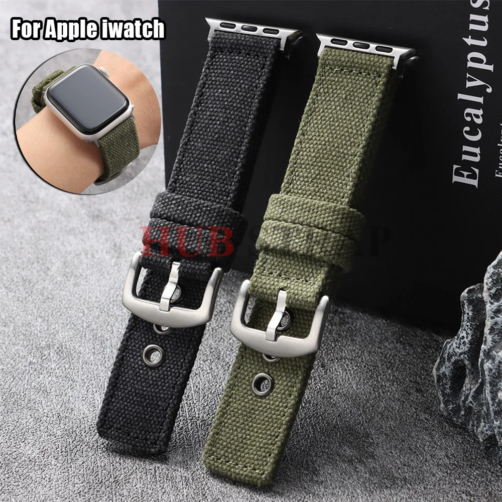 Double-layer Canvas Nylon Strap for Apple Watch 46mm 45mm 42mm 41mm 40mm 38mm Men's Black Green Watchband for IWatch Series 1-11