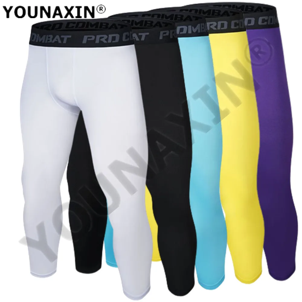 Men Running Base Layer Tight Compression Training Bottoms Fitness Trousers Child Basketball Sports Skinny 3/4 Cropped Pants