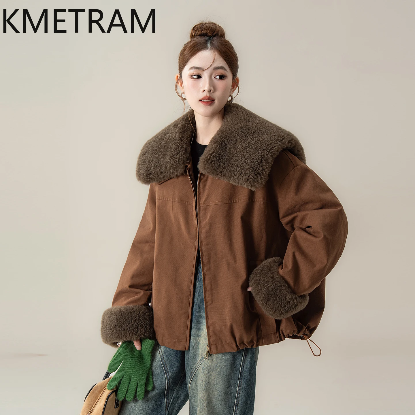 KMETRAM Abrigo de piel corto vintage y cálido con solapa de algodón 100% natural para damas en otoño e invierno 2025 зимняя куртка ж miscecud