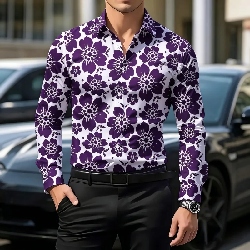 Men's Black Floral Print Long Sleeve Stand Collar Shirt Casual Blouse
