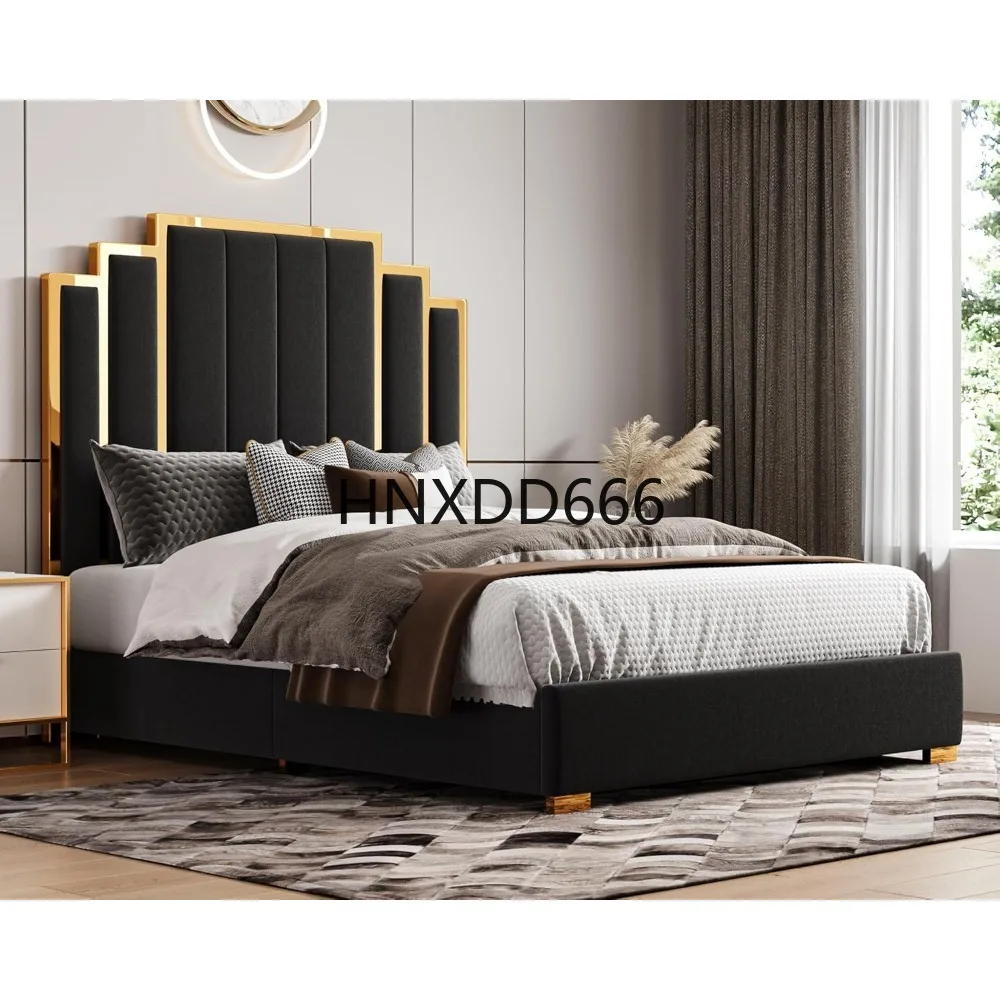 

61" Headboard, Upholstered with Golden Plating Trim, Modern Platform No Box Spring Needed, Black, Bed Bases Frames