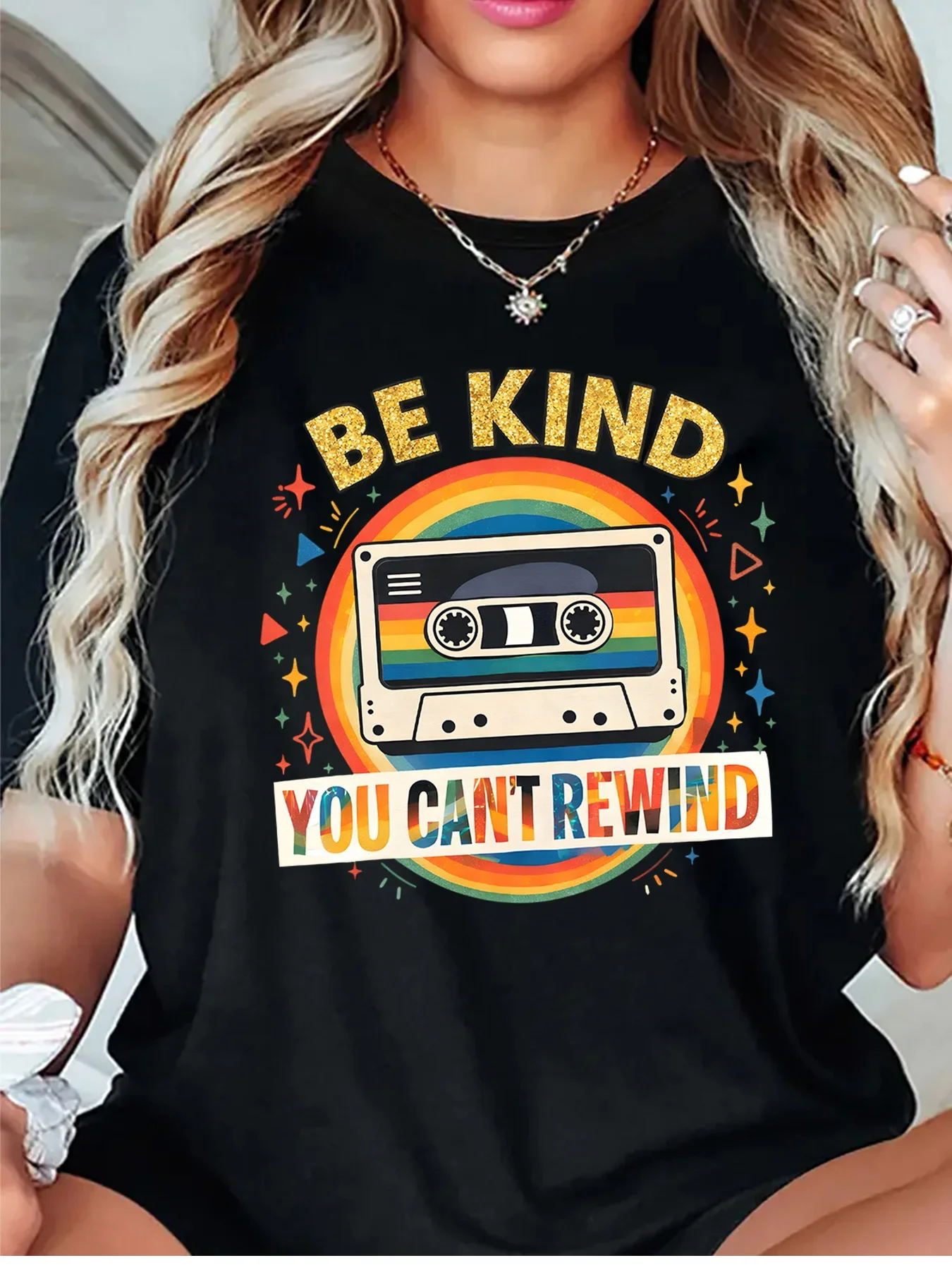 Vintage Slogan Womens T Shirt Be Kind You Can Not Rewind Cassette Rainbow Retro Graphic O Neck Short Sleeve Daily Ladies Tops