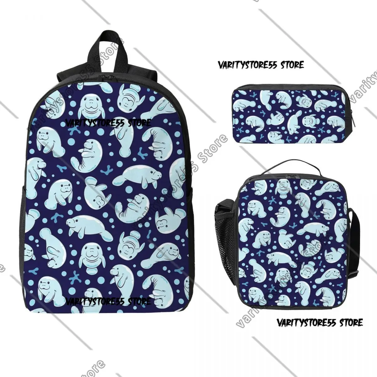 Cute Manatee Blue Underwater Backpack Boys Girls BookBag School Bag Laptop Shoulder Bags 3ps Insulated Lunch Bag Pencil Case