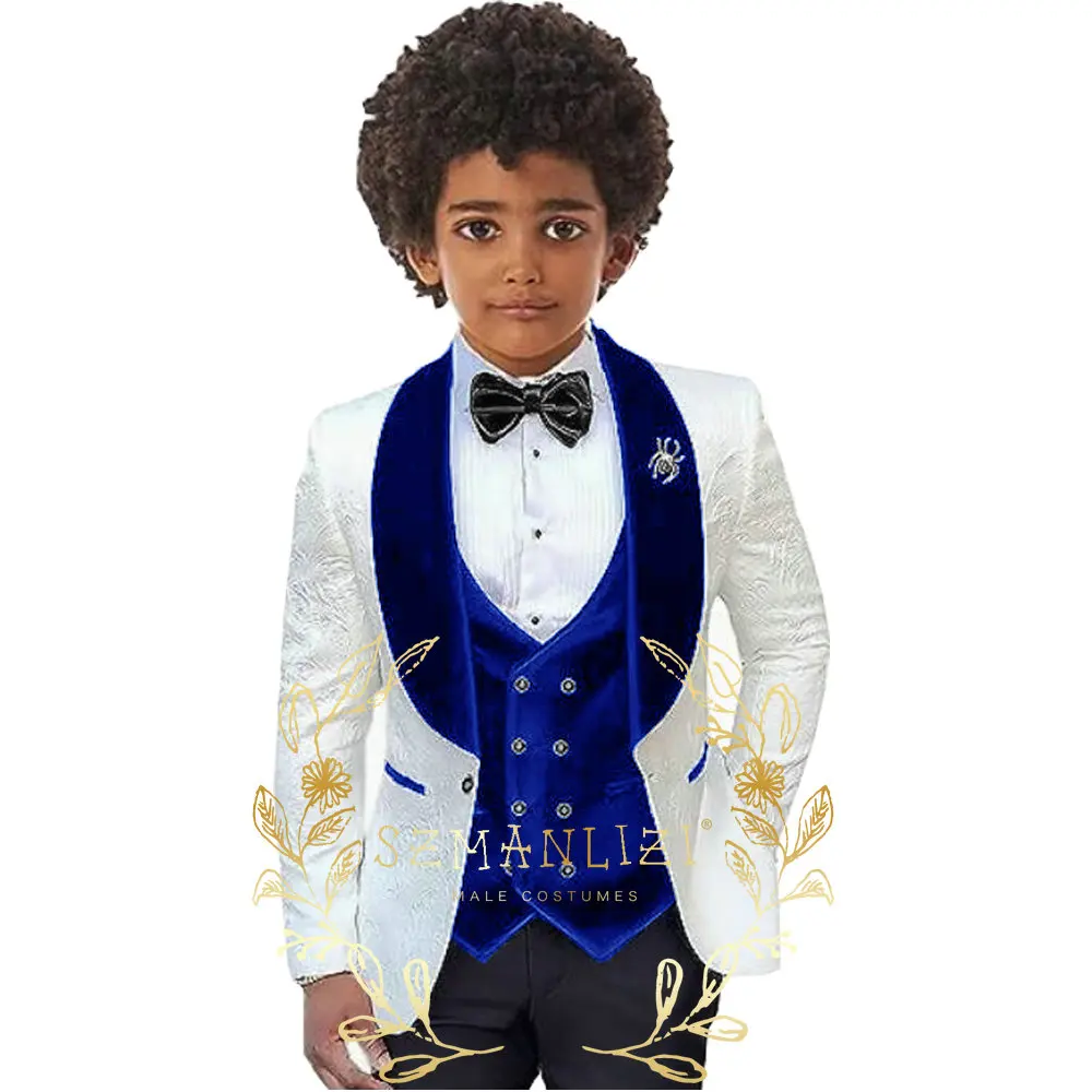 Abiti Paisley bianchi per ragazzi Navy Blue Velvet risvolto Wedding Flower Child Kid Costume formale Party Perfomance Suits 3 pezzi Set