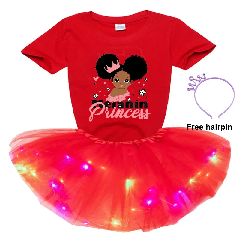 Set di vestiti per ragazze Set di vestiti da principessa neri per bambini Set di vestiti per ragazze per bambini T-shirt corta con stampa palla carina + abito gonna luminosa + forcina 3 pezzi