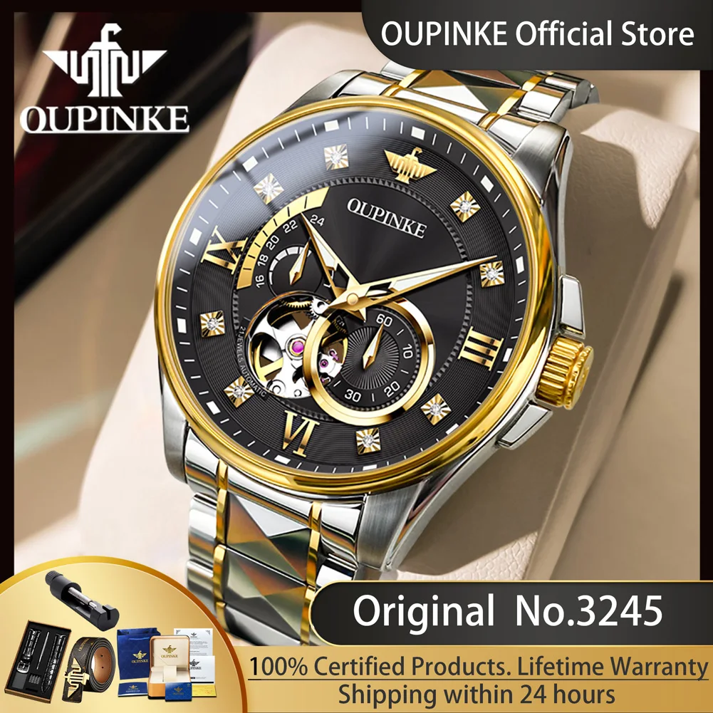 

OUPINKE 3245 Man Watch Luxury Skeleton Flywheel Automatic Watch for Men Tungsten Steel Strap Chronograph Men's Mechanical Watch