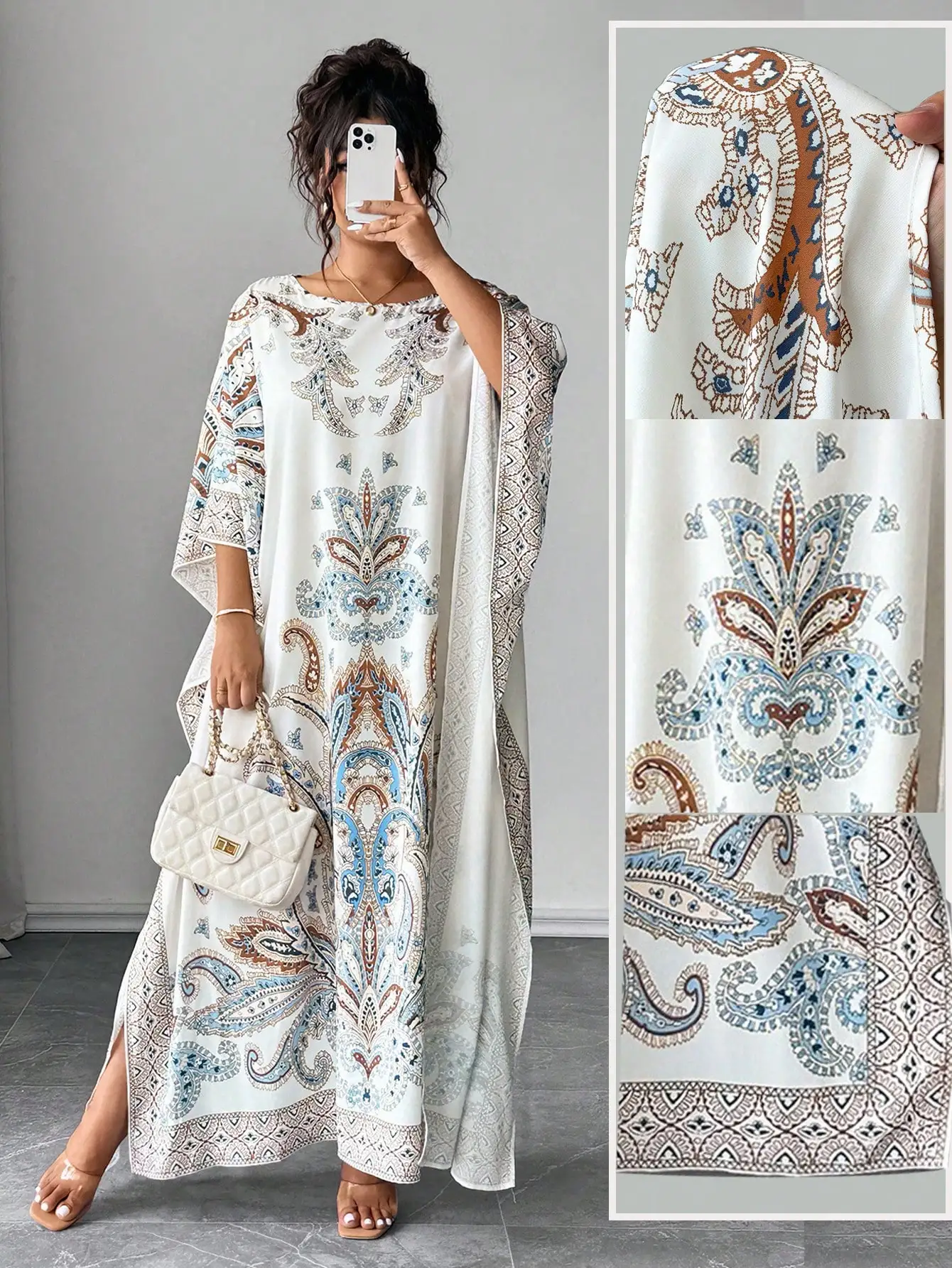 

Свободное платье макси с принтом в стиле бохо, рукавами-крылышками и круглым вырезом для отпуска и вечеринок