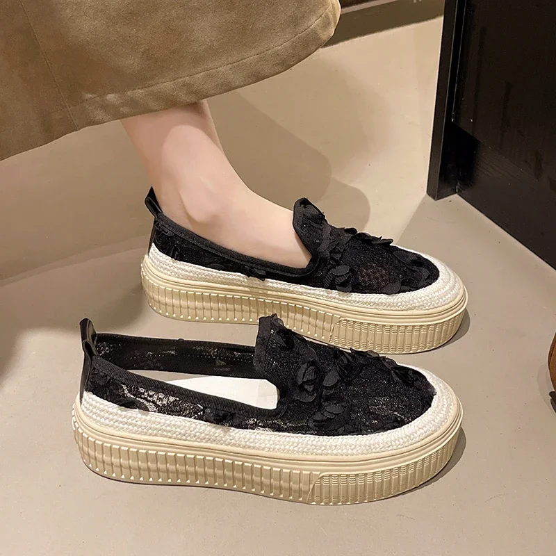 

Women's Casual Shoes Round Toe Lace Flat Sole Netcloth Fisherman's Shoes Dress Leisure One Kick Breathable Zapatillas De Mujer