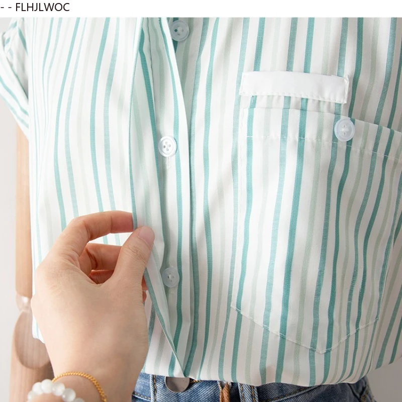 Mince aéré coton lin ample décontracté hauts Blouses nouvelle mode femmes été vert rayé chemises Y2K rétro Vntage mignon Blouse