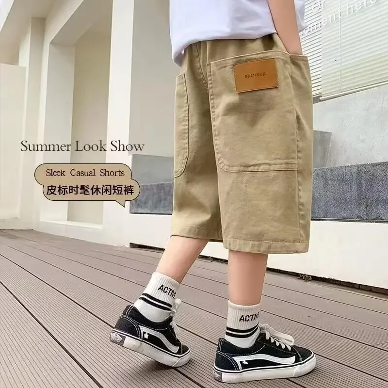 OLEKID Summer 3-14Y Kids Boy Shorts Sticker Pockets Children Boys Half-length Pant Loose Casual Elastic Waist Junior Boys Shorts