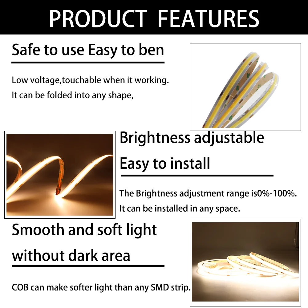 DC12V/24V COB LED Strip Light High Bright Flexible Linear Dimmable lights 480/528leds/M 3000-6500K RA90 Monochromatic led lamp