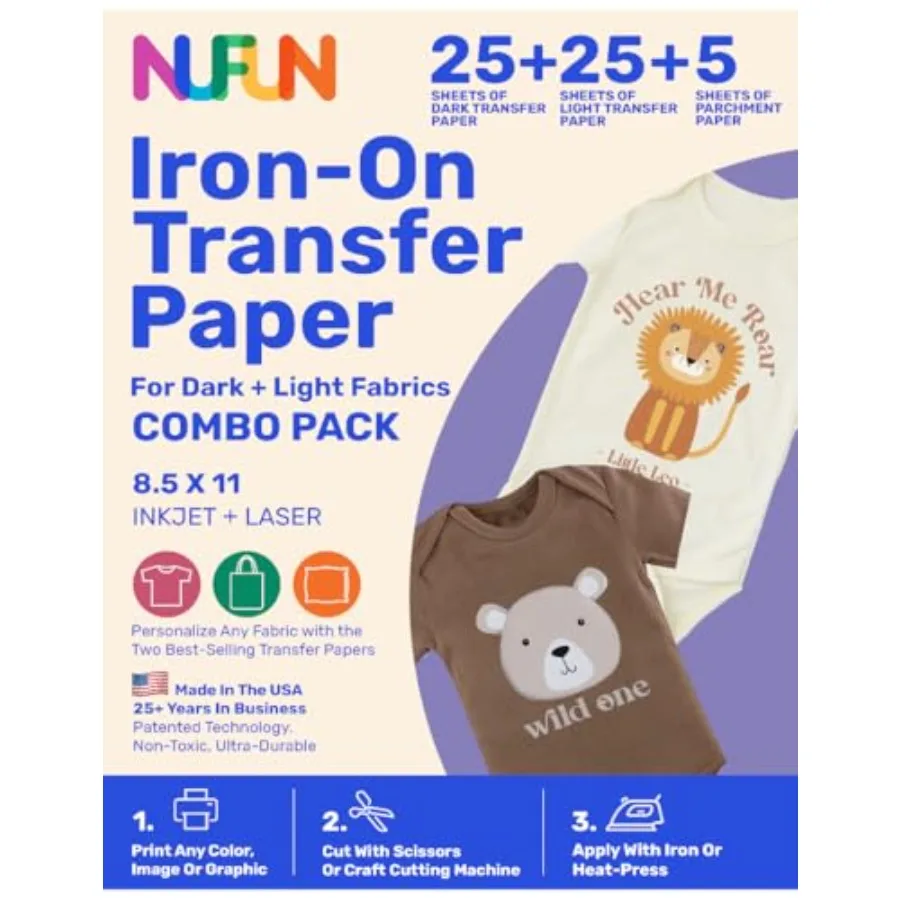 

NuFun Activities Printable Iron-on Heat Transfer Paper Combo for Light and Dark Fabrics, 25 Light/25 Dark 8.5 x 11 inch, Long L