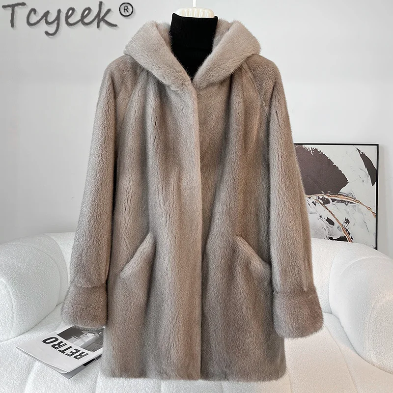 

Tcyeek Natural Mink Fur Coat Women Hooded High-end Real Fur Jackets Woman Elegant Mid-length Whole Mink Coats Winter Jacket