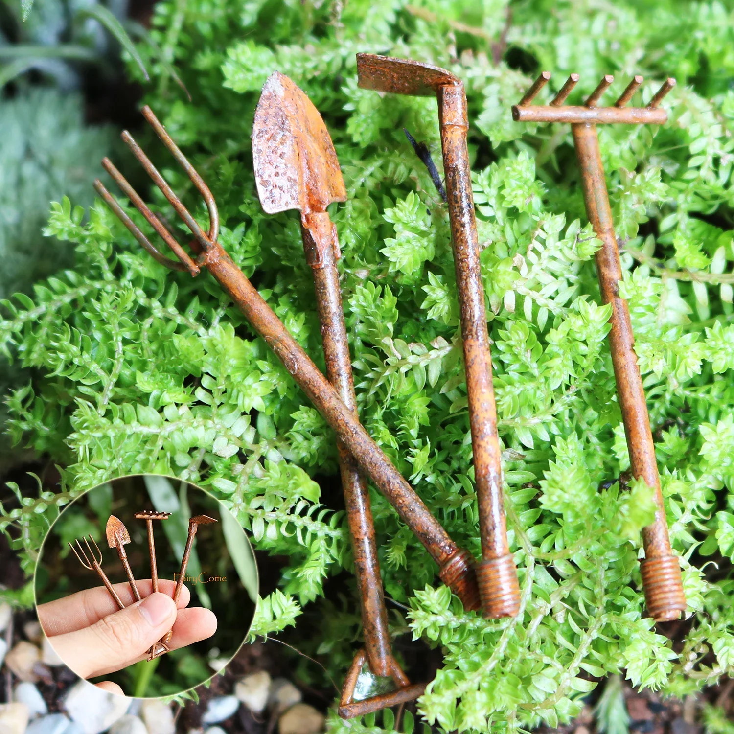 Miniature Rusted Metal Tool Set Fairy Garden Rustic Craft Mini Garden Tools Terrariums Decor Items Home Garden Supplies