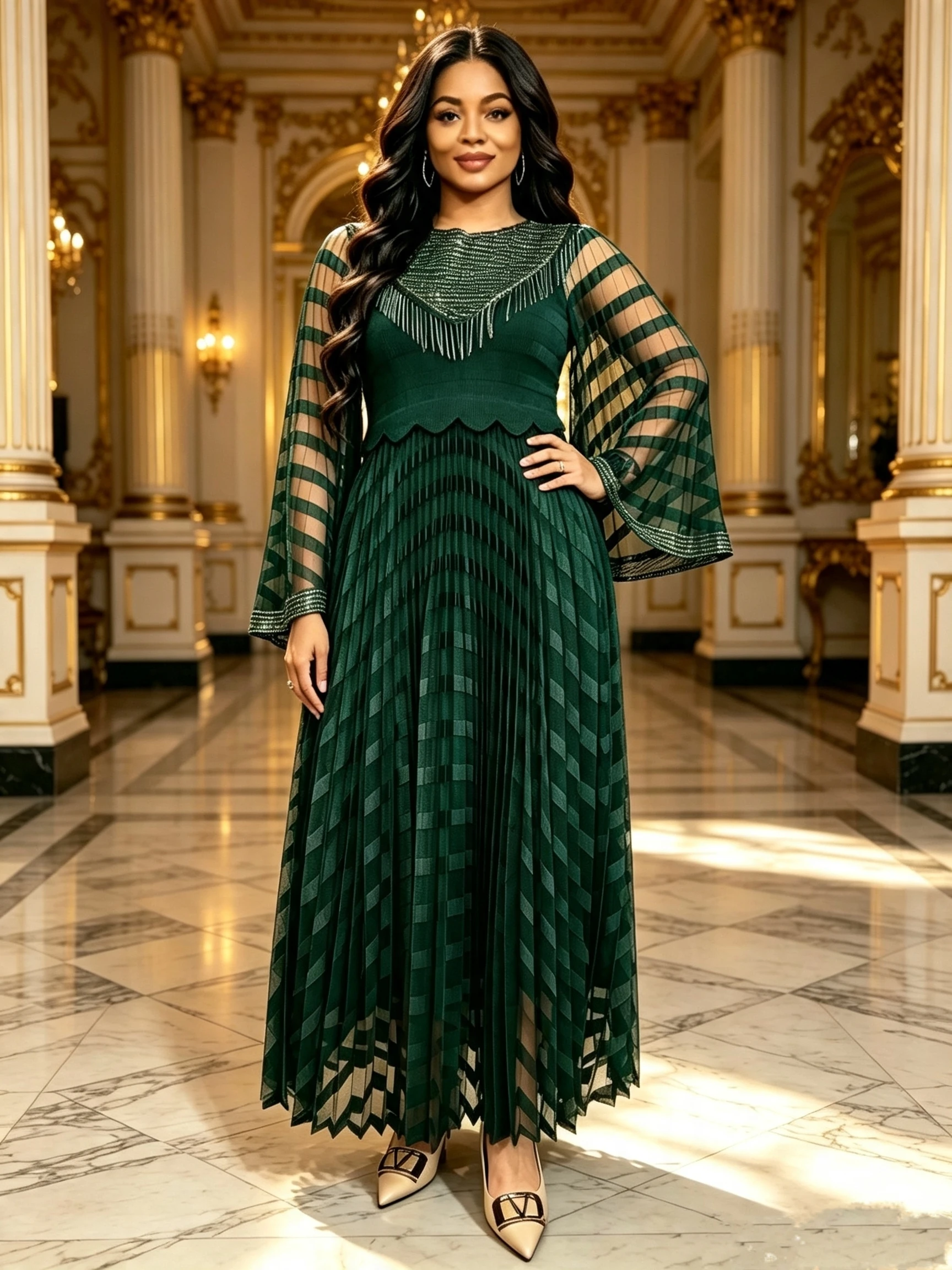 African Women's Plus-Size Pleated Long Dress with Tassel Collar, Bell Sleeves, Sheer Mesh, Elegant Evening Party, Wedding, Church, Formal Long Dress, Luxurious Curve-Hugging Gown for Women