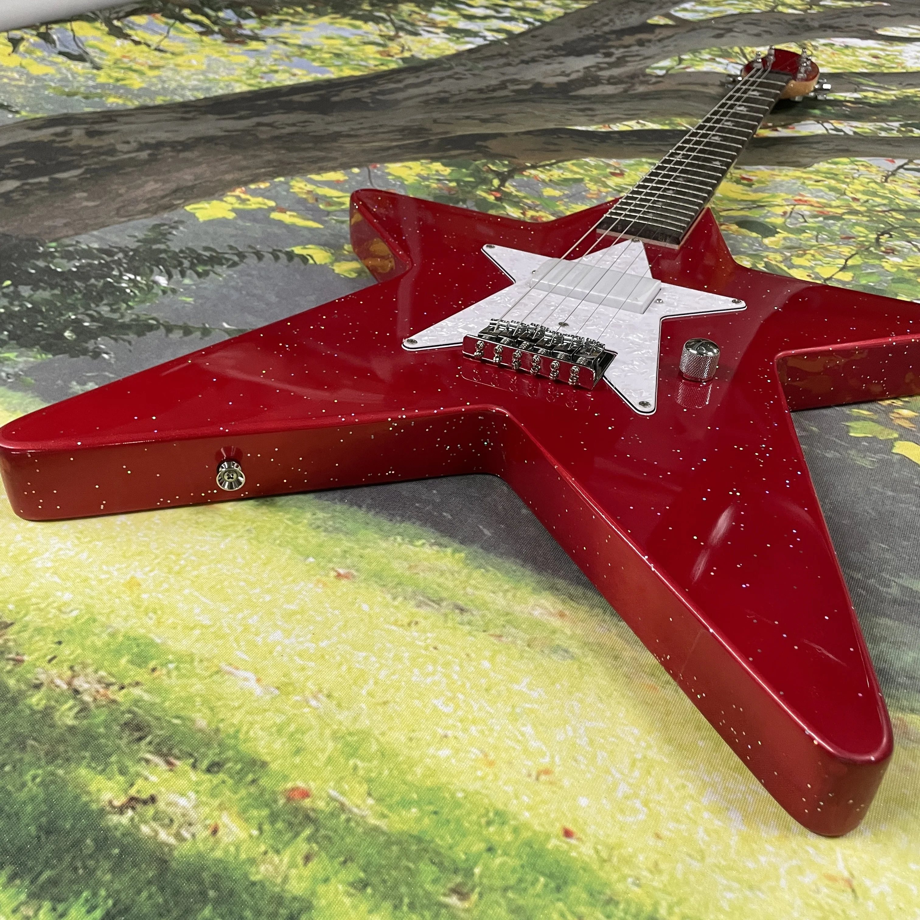 Red Sparkle Electric Guitar, Mahogany Body, Single Pickup, Star Pearl Pickguard, Chrome Fixed Bridge, 6 String Right Hand