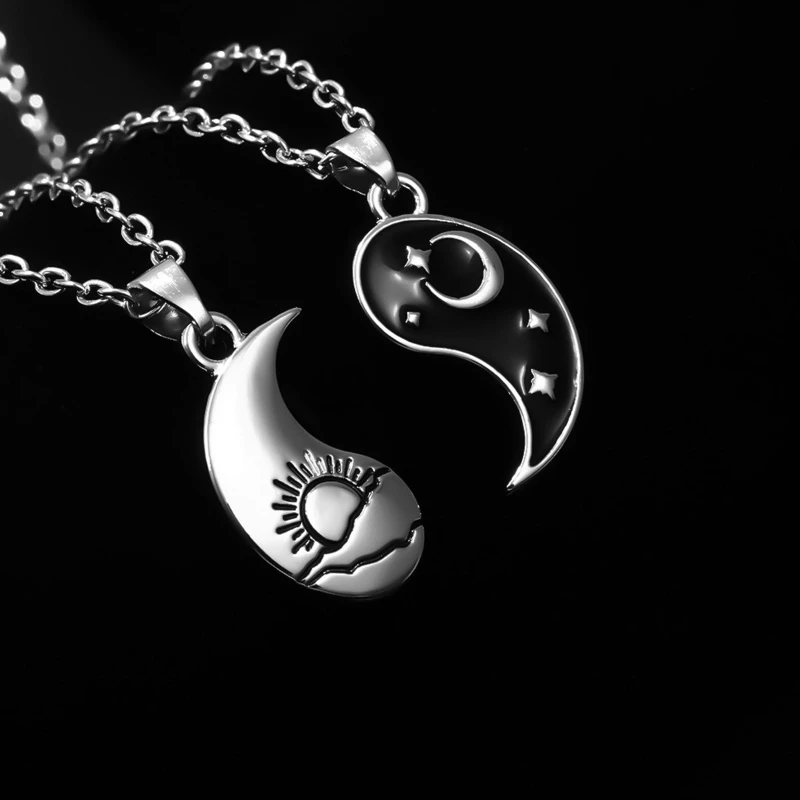E0BF Yin Yang Couples Pendant Necklace Chain for Women Mens Matching for Sun Moon Stitching Friend Necklaces