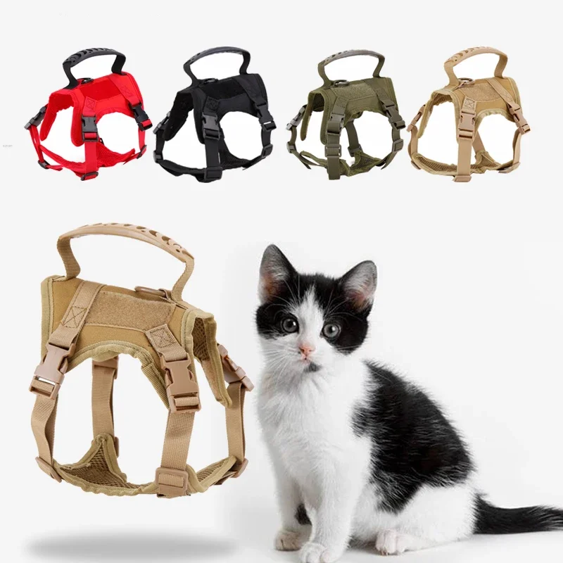 Military Tactical Cat Dog Harness Vest Collar Nylon 600D MOLLE Breathable Adjustable Chest Strap Training Walking Safety Puppy