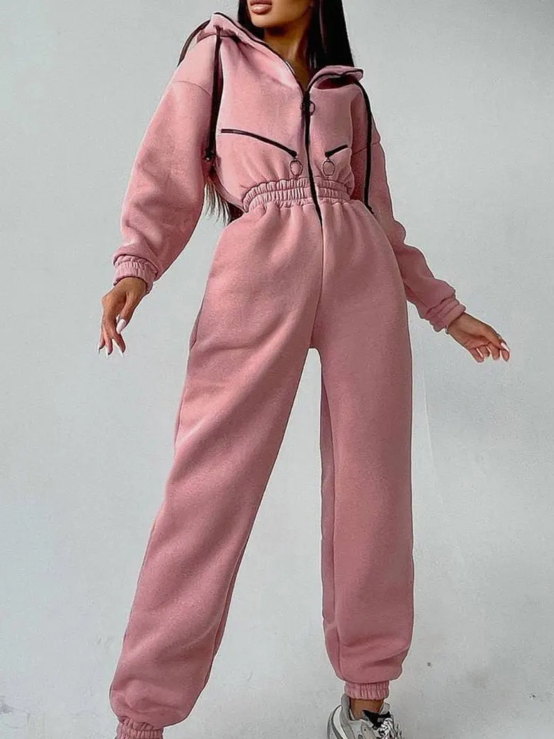 Autumn One-piece Sets Sweatshirt Hooded Jumpsuit Women Casual Sports Sets Winter Zipper-up Bundle Straight Trousers