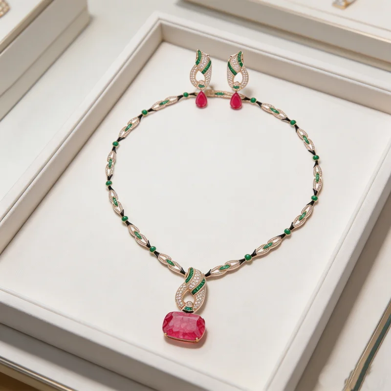 Vintage Necklace Earrings Women Lady Inlay Full Cubic Zircon Synthetic Square Ruby Pendant Snake Snakelike Fine Jewelry Sets
