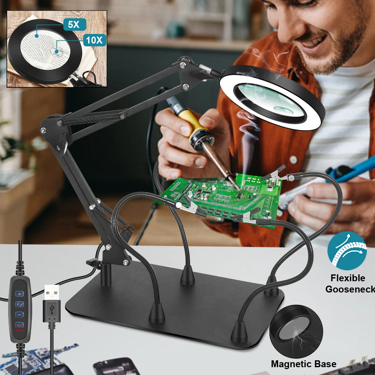 Toolour 5X 10X Magnifying Glass with Light and Stand 3 Lighting Dimmable Magnifier Soldering Magnifying Glass for DIY Close Work