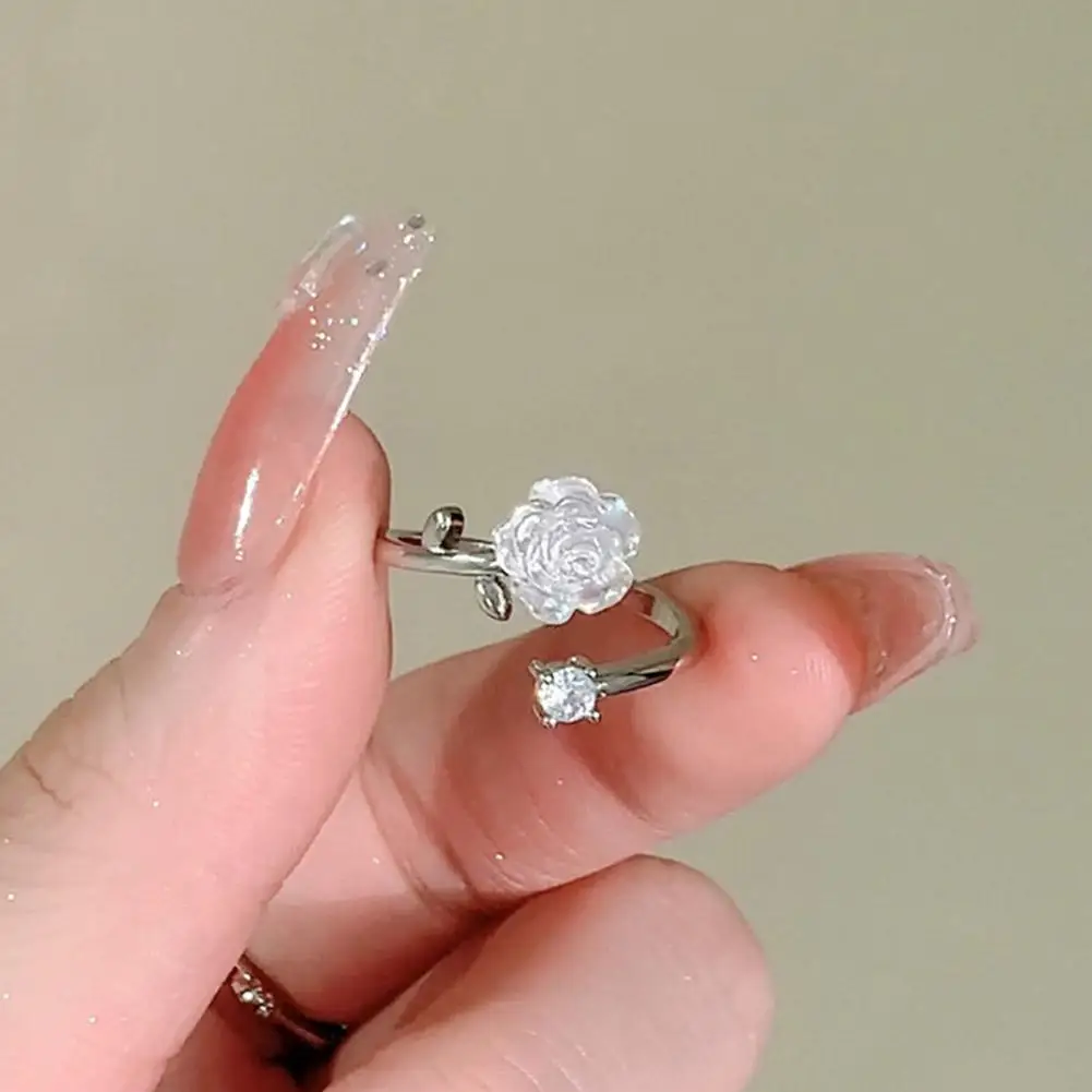 Luxury Zircon Flower Opening Rings for Women Cubic Zirconia Rose Blossom Tulip Adjustable Finger Wedding Jewelry E3W1