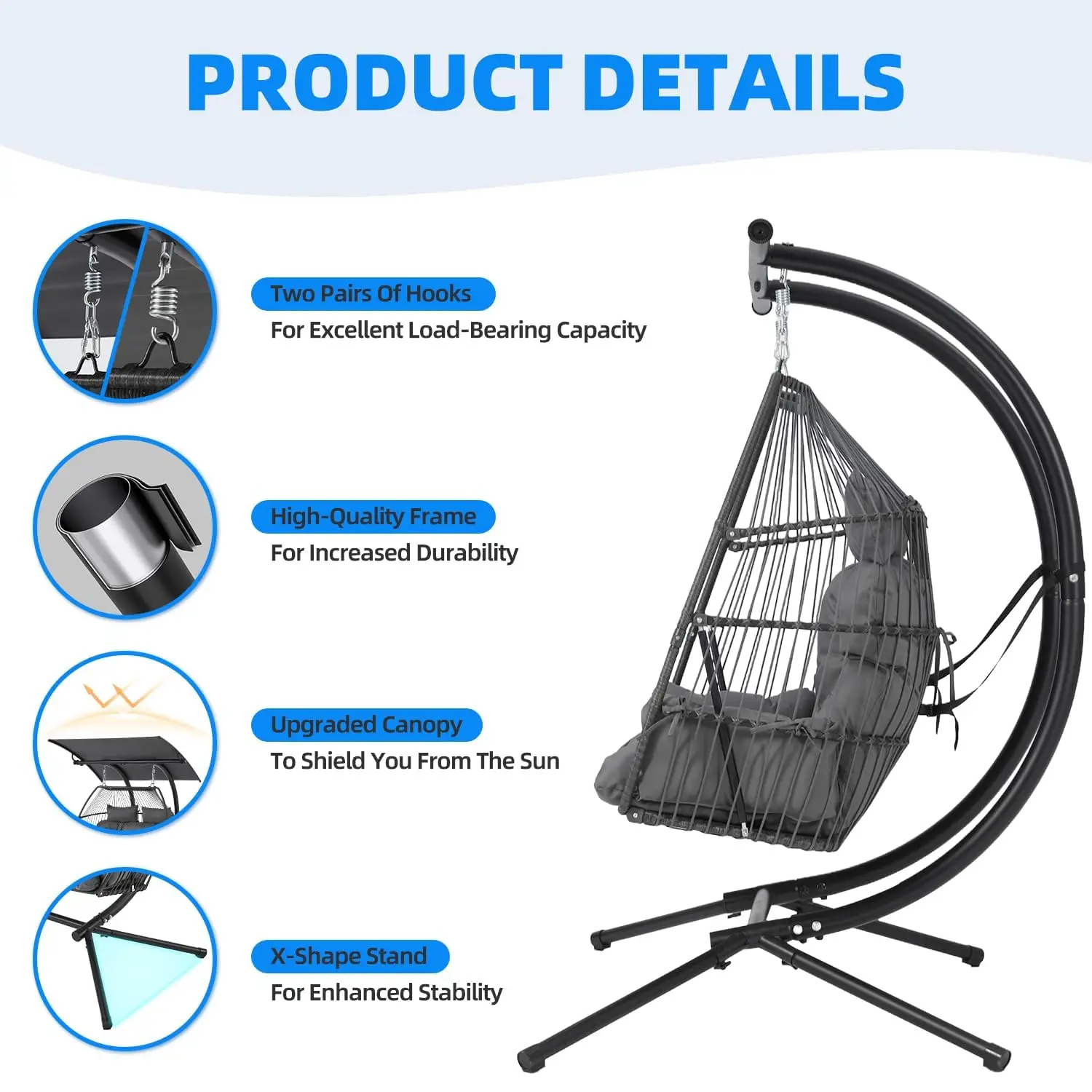Double Hanging Swing Chair with Removable & Adjustable Canopy, Outdoor Egg Chair with Cushion & Basket, , Customized