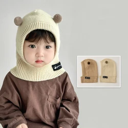 Cute Pompom Kids Balaclava Hat Winter Warm Ear Protection Cap Scarf One Piece Solid Color Cartoon Wool Kids Beanie Caps