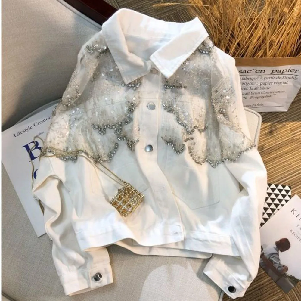 Fashion Shinning Sequins Hollowed Out Denim Jacket Women's Spring Summer Long Sleeve Lapel Single Breasted Versatile Outwear