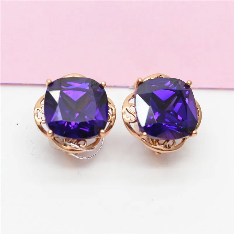 

585 Purple Gold Fashionable Inlaid Purple Gem Square earrings for women Plated 14K Rose Gold stud earings Wedding Jewelry