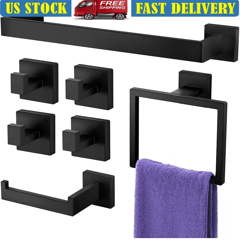 

7 предметов SUS304 матовый черный набор аксессуаров для ванной комнаты вешалки для полотенец крючки держатель для туалетной бумаги простая установка устойчивый к ржавчине стильный